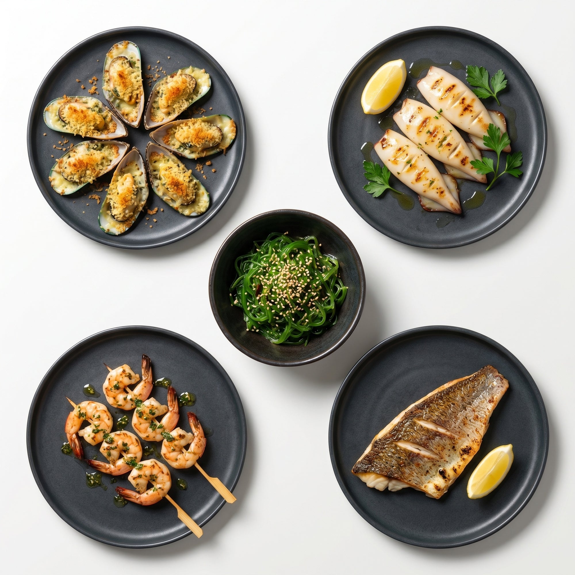 Seafood Grill SeriosFood - platou cu preparate la gratar: midii panko-gratin, tuburi calamar, frigarui creveti, file red snapper, salata wakame