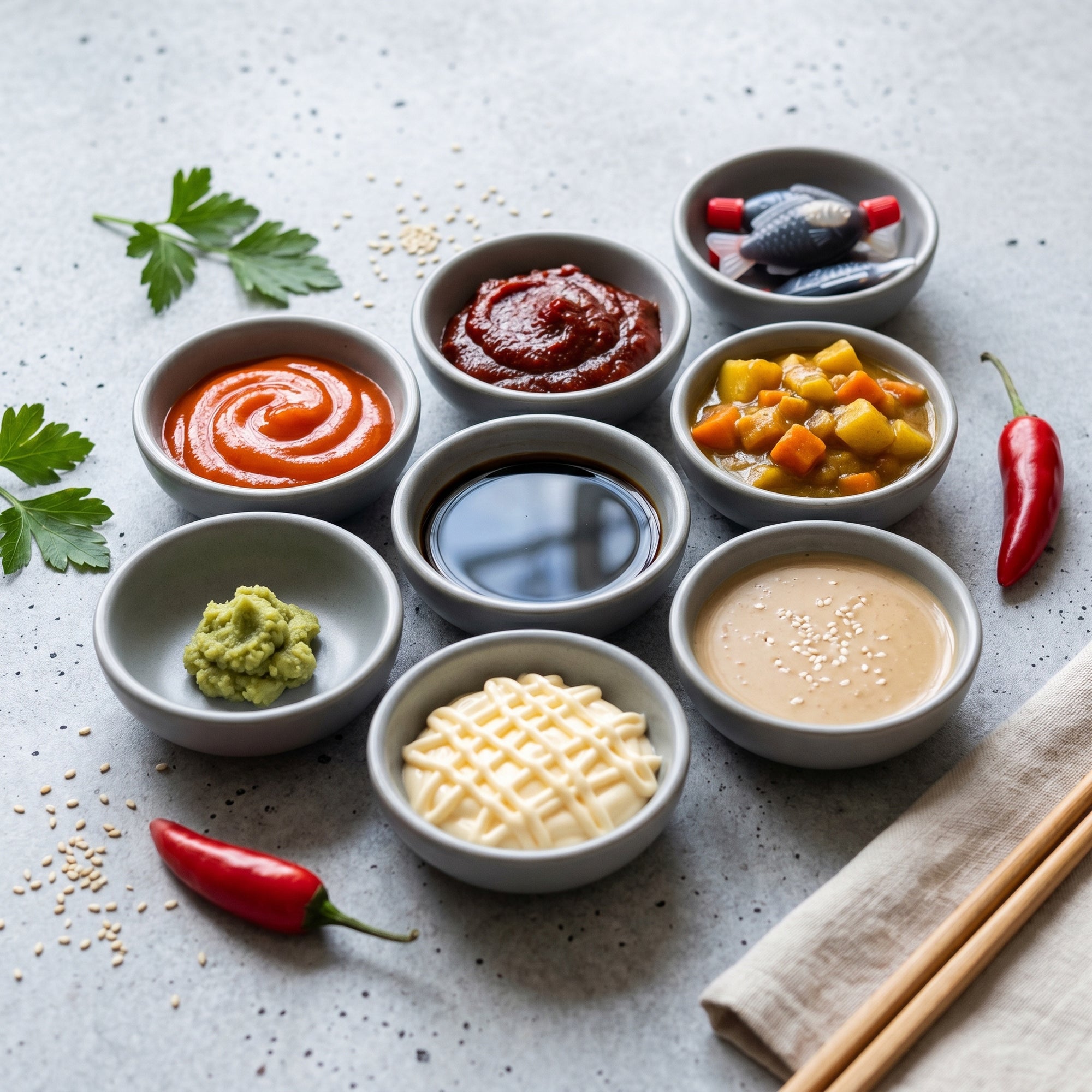Asocieri culinare sosuri si marinade - sriracha, gochujang, sos de soia, wasabi, golden curry, goma dare, maioneza japoneza, plicuri soia