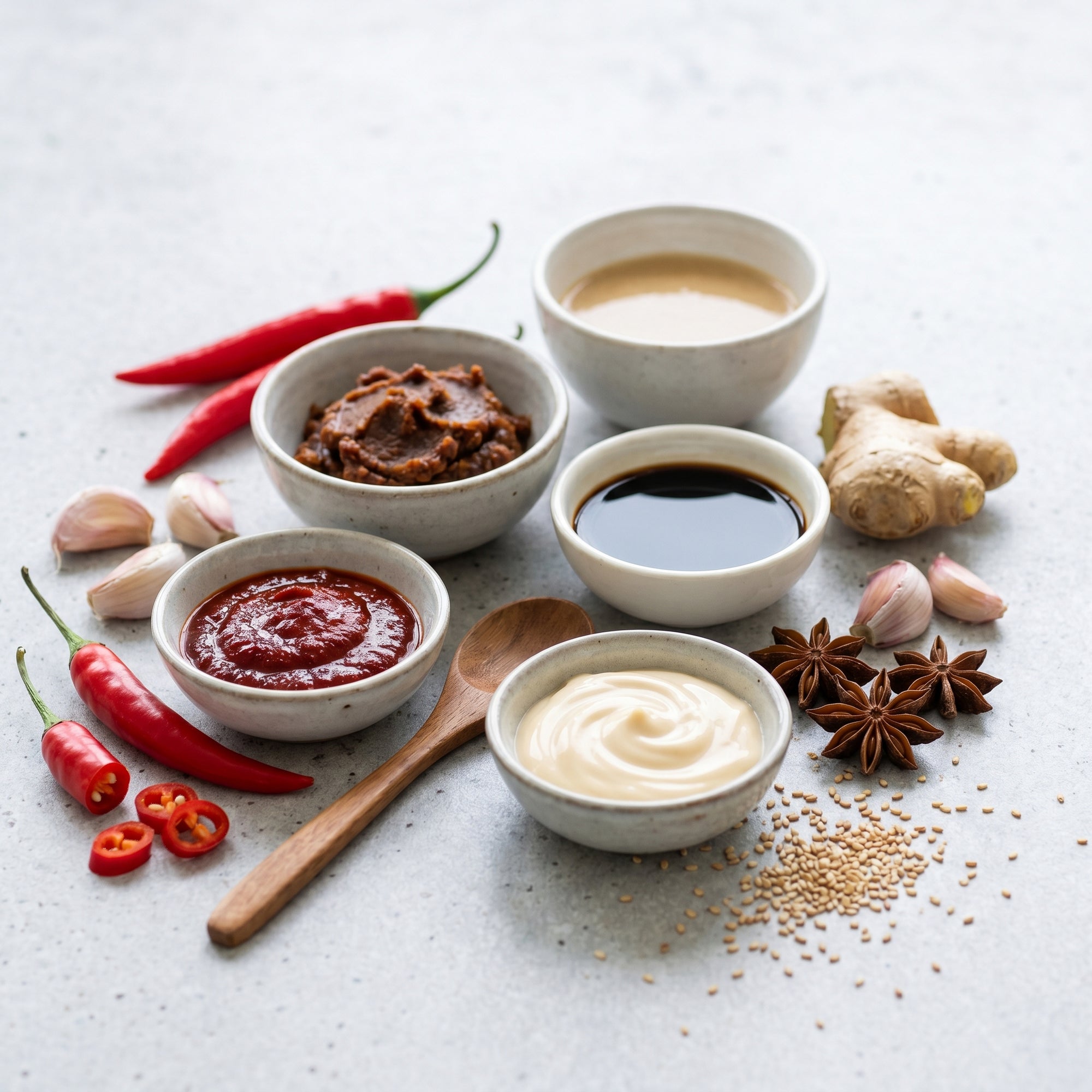 Paste și aromate autentice pentru sosuri asiatice pe beton, macro autenticitate SeriosFood