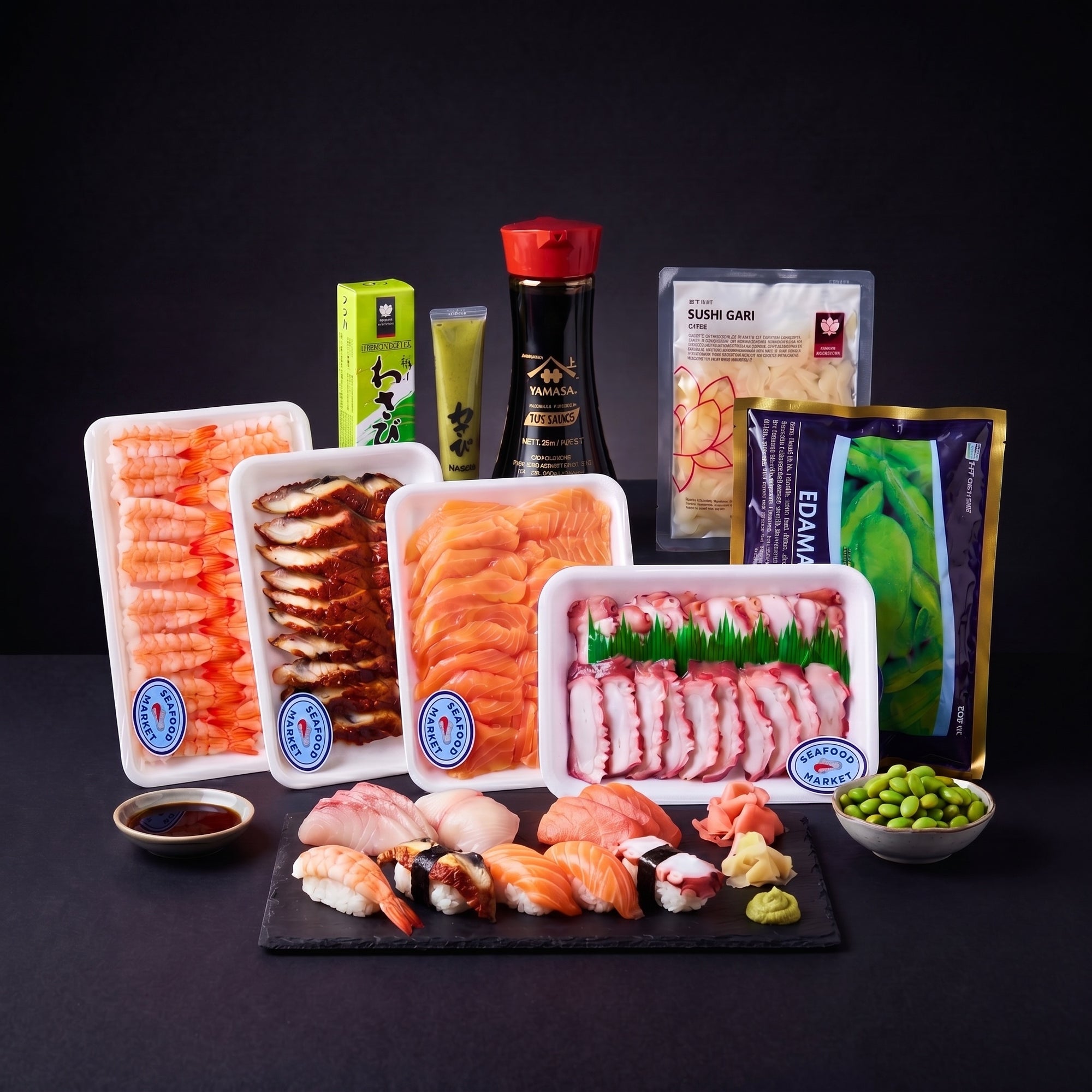 Sushi Night SeriosFood - kit sushi premium pe fundal negru: nigiri si sashimi cu creveti, unagi, somon, caracatita, edamame, gari, wasabi, sos soia Yamasa