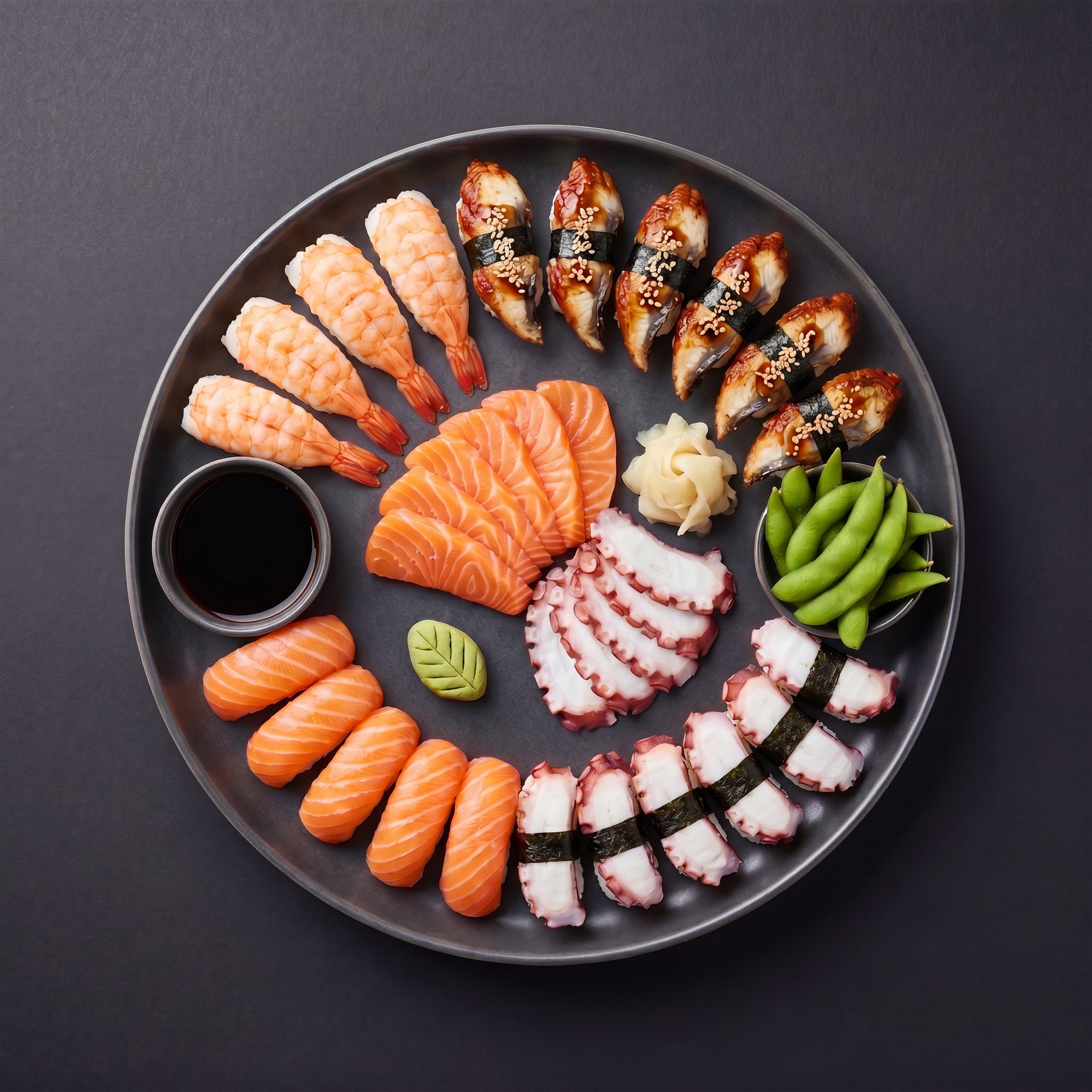 Sushi Night SeriosFood - platou generos sushi si sashimi: nigiri ebi, unagi, somon, caracatita, sashimi somon si caracatita, edamame, gari, wasabi
