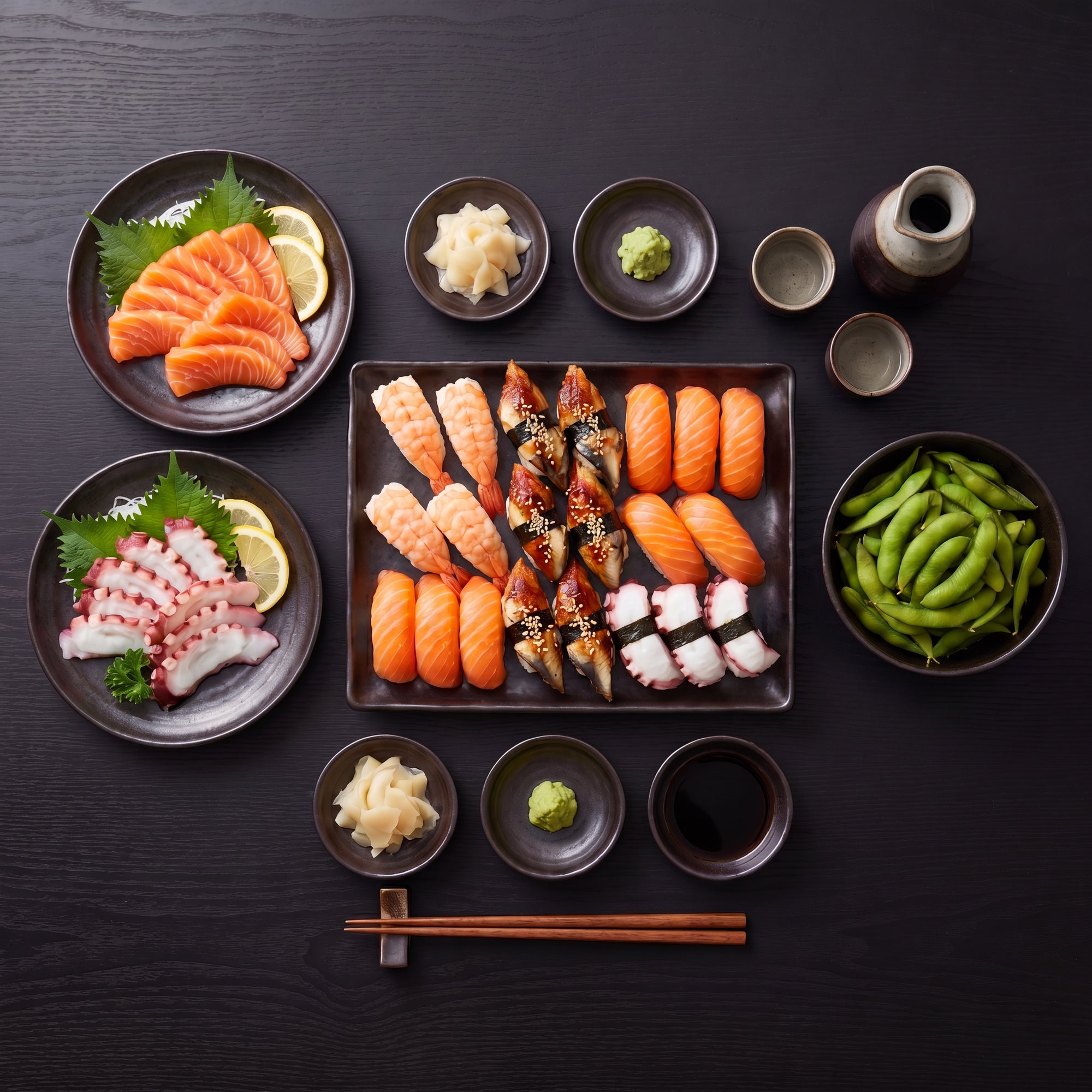 Sushi Night SeriosFood - masa izakaya completa: platou nigiri, sashimi somon si caracatita, edamame, gari, wasabi, sos soia, sake, betisoare
