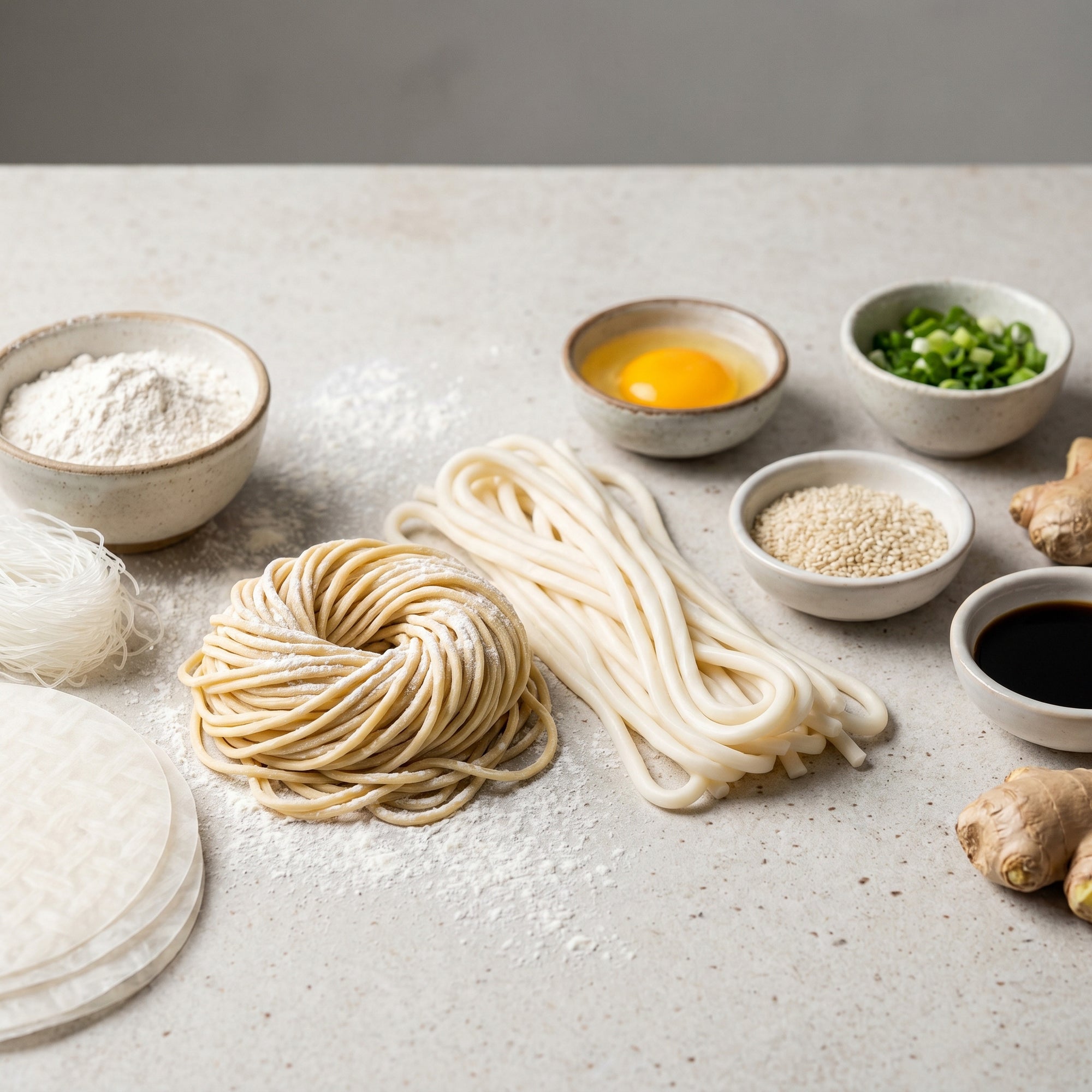 Tăiței asiatici și ingredientele lor: ramen, udon, vermicelli, foi de orez, făină, ou, orez crud pe blat de beton pal