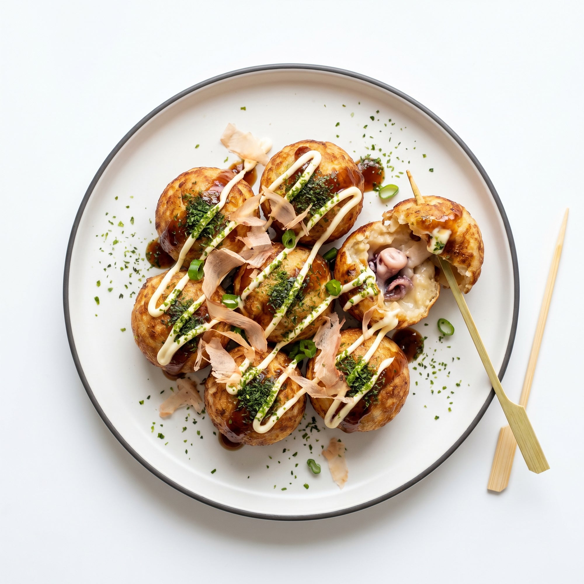 Savurezi Takoyaki — tradițional cu sos + maioneză + bonito + ceapă verde