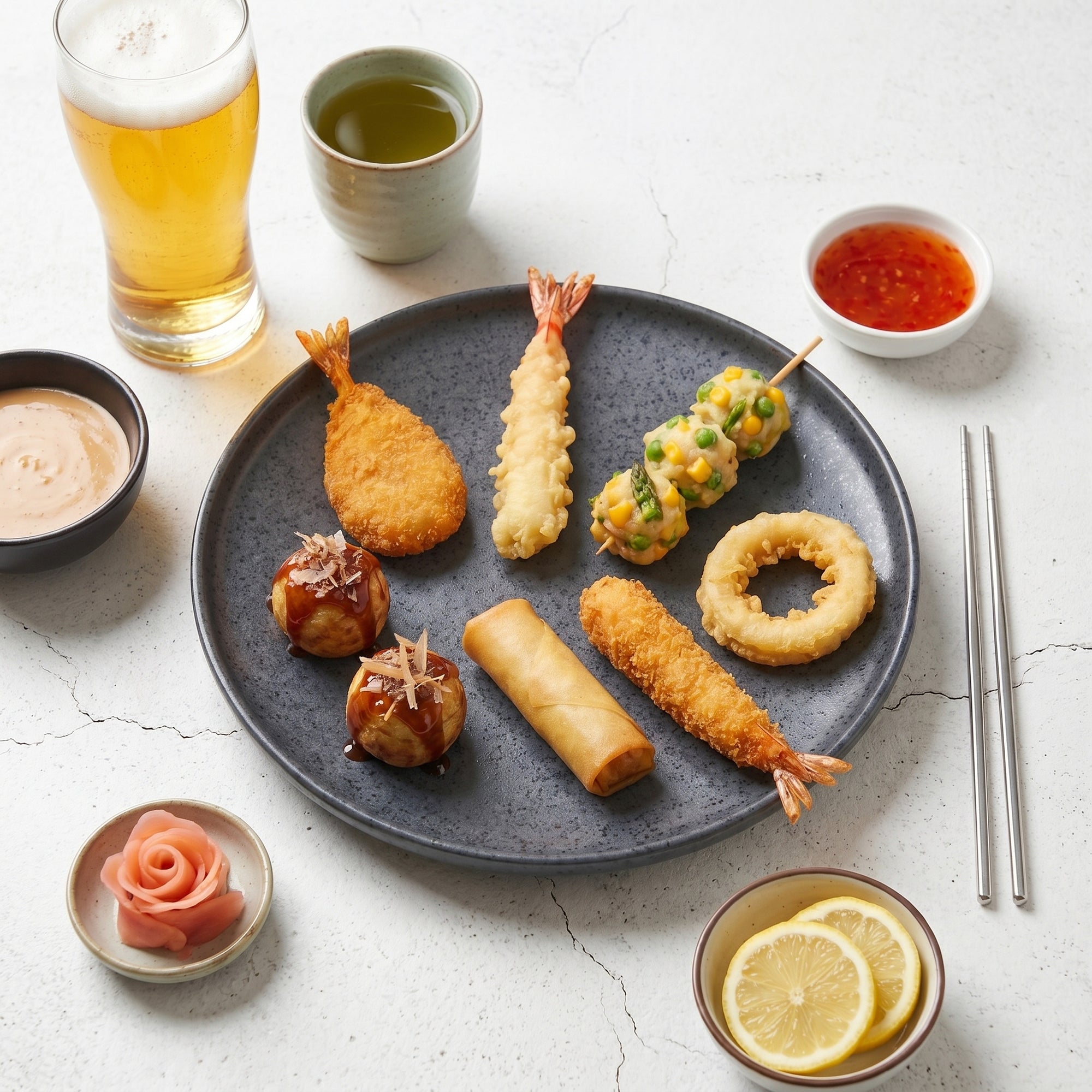 Asocieri culinare tempura și crocante SeriosFood — preparate pe masă din beton