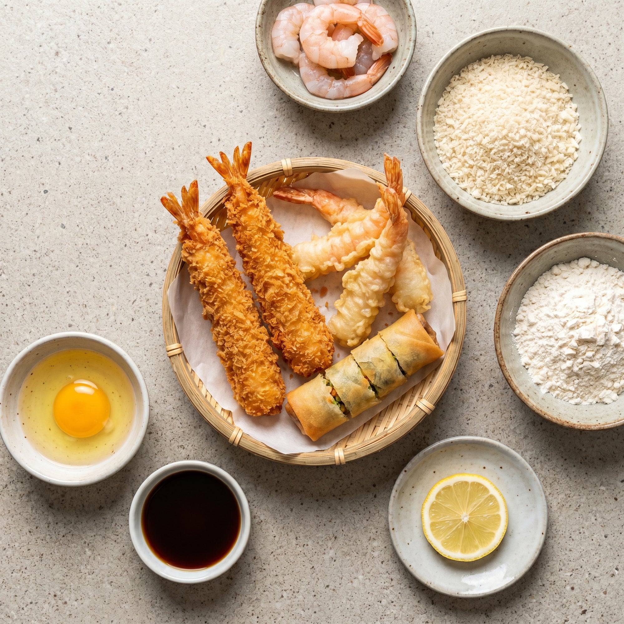Crocante japoneze cu ingredientele autentice — creveți, panko, făină tempura, ou