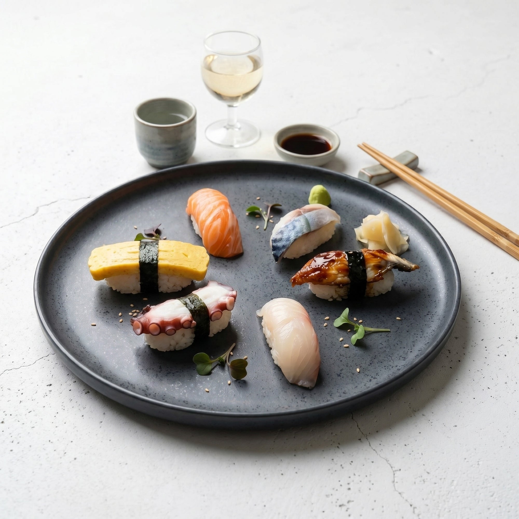 Asocieri culinare toppinguri sushi SeriosFood — nigiri pe masă din beton